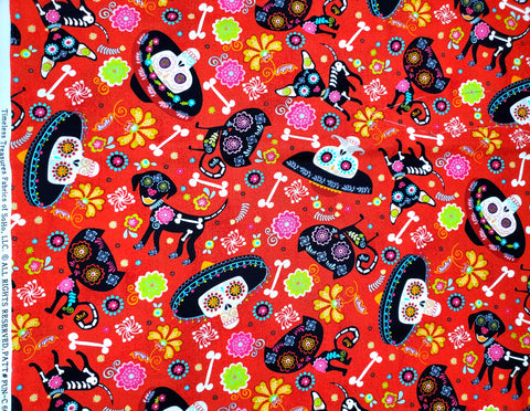 TIMELESS TREASURES FIRE RED DOGS/CATS DIA DE LOS MUERTOS FABRIC #TT743 - BY THE YARD- 100% COTTON