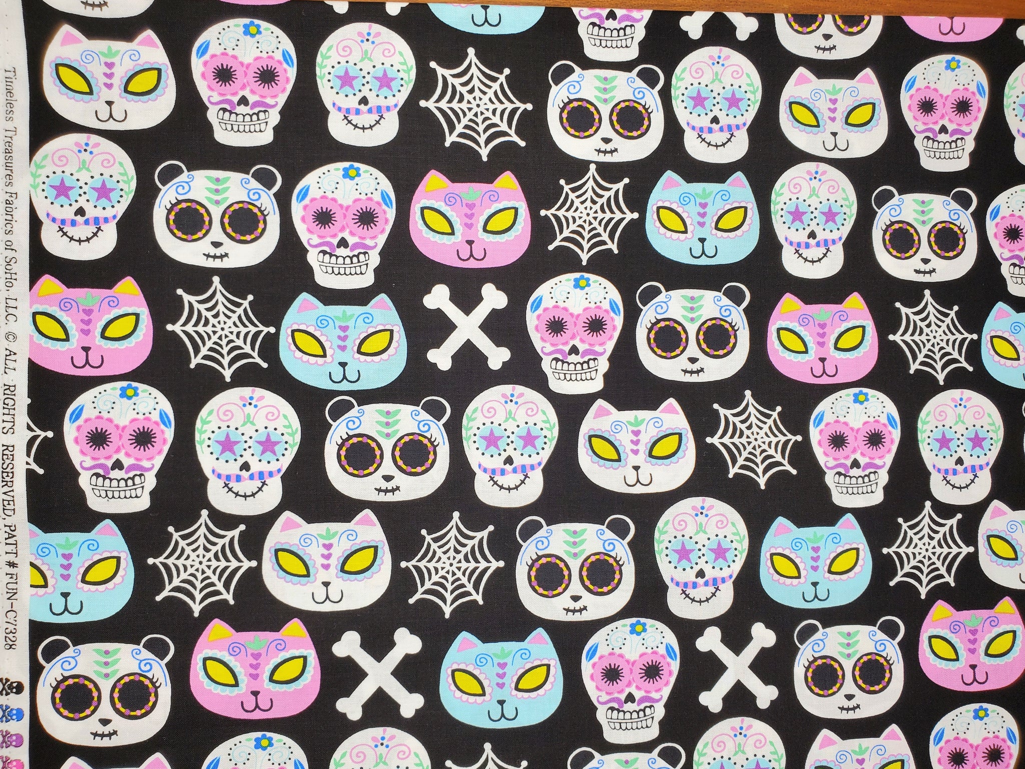 TIMELESS TREASURES FABRIC - FUN #C7328 DIA DE LOS MUERTOS - DAY OF THE DEAD SUGAR SKULLS - PANDAS 100% COTTON FABRIC