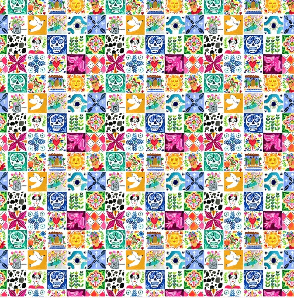 DEAR STELLA VIVA MEXICO FABRIC - VIVA LA VIDA - DIA DE LOS MUERTOS #DAW 1502 WHITE - TILES - BY THE YARD- 100% COTTON