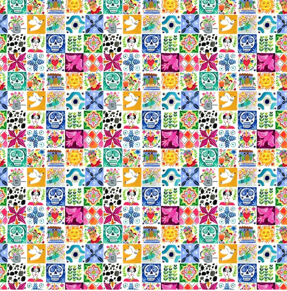 DEAR STELLA VIVA MEXICO FABRIC - VIVA LA VIDA - DIA DE LOS MUERTOS #DAW 1502 WHITE - TILES - BY THE YARD- 100% COTTON