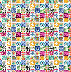 DEAR STELLA VIVA MEXICO FABRIC - VIVA LA VIDA - DIA DE LOS MUERTOS #DAW 1502 WHITE - TILES - BY THE YARD- 100% COTTON