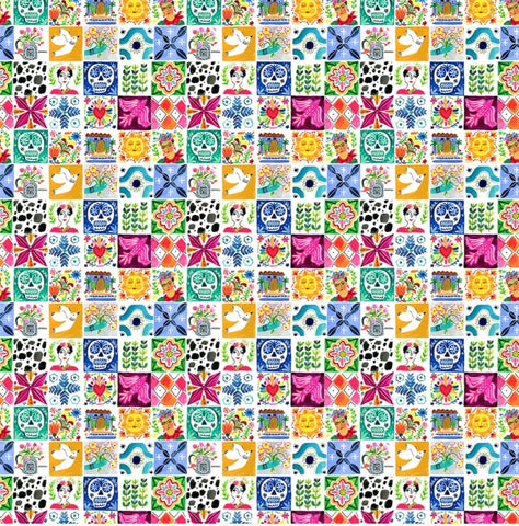 DEAR STELLA VIVA MEXICO FABRIC - VIVA LA VIDA - DIA DE LOS MUERTOS #DAW 1502 WHITE - TILES - BY THE YARD- 100% COTTON