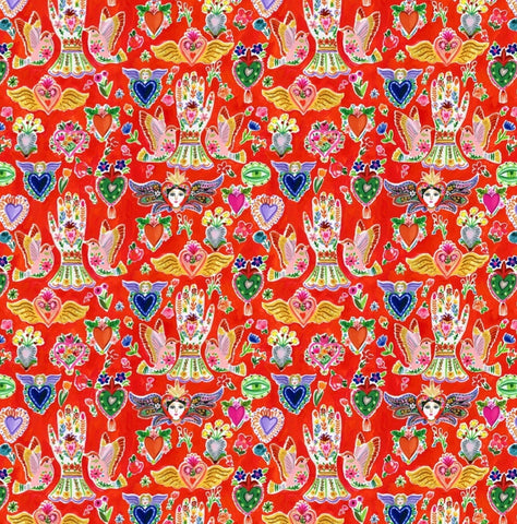 DEAR STELLA FABRIC-VIVA MEXICO DAW #1498-RED-MILAGROS MEXICAN CHARMS-BY THE YARD-100% COTTON