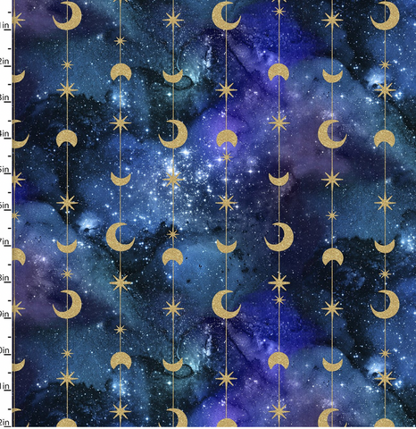 FABRIC EDITION - MAGICAL GALAXY #17163 - METALLIC STARS & MOONS-- 100% COTTON FABRIC